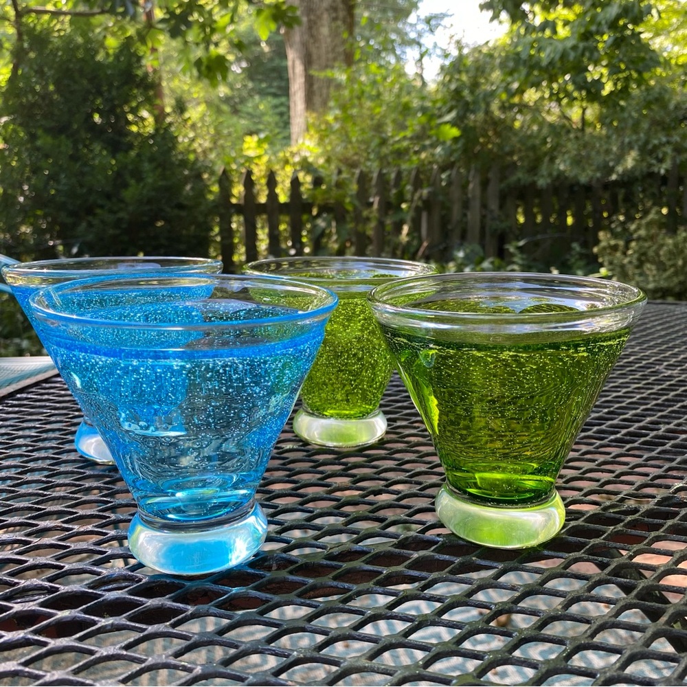 Anthropologie Hand Blown Bubble Martini Set of Four-Two Blue and Two Gre…